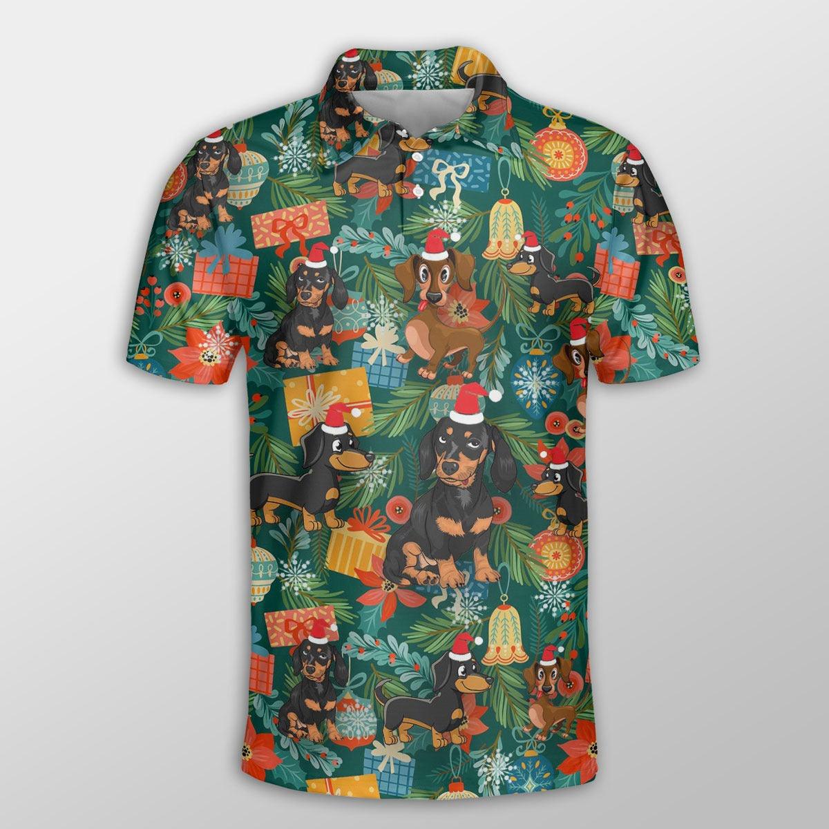 Dachshund Men Polo Shirts - Dachshund Christmas Poinsettia Mistletoe Gift Dog Button Shirts For Men - Perfect Gift For Dachshund Lovers, Christmas Gifts - Amzanimalsgift