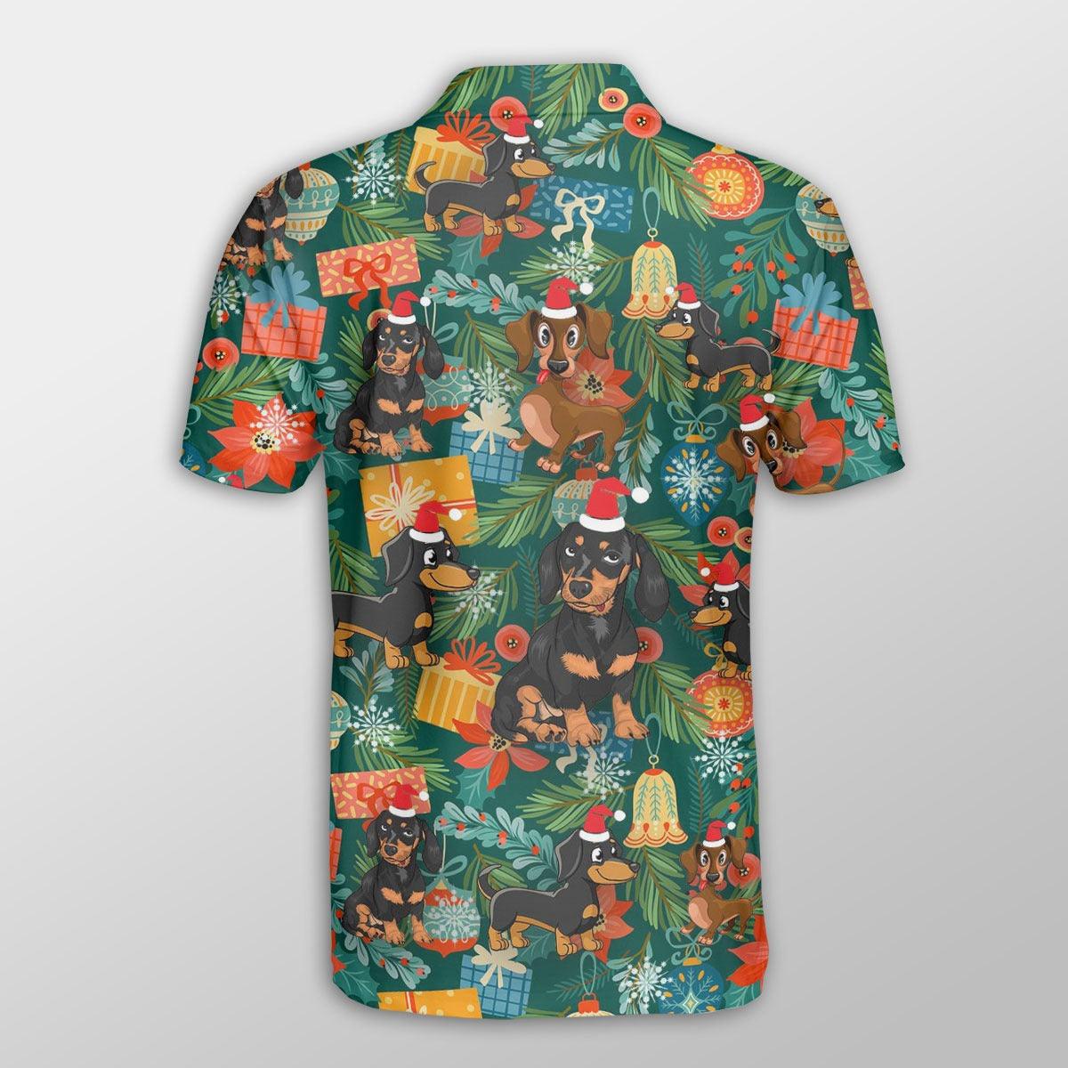 Dachshund Men Polo Shirts - Dachshund Christmas Poinsettia Mistletoe Gift Dog Button Shirts For Men - Perfect Gift For Dachshund Lovers, Christmas Gifts - Amzanimalsgift