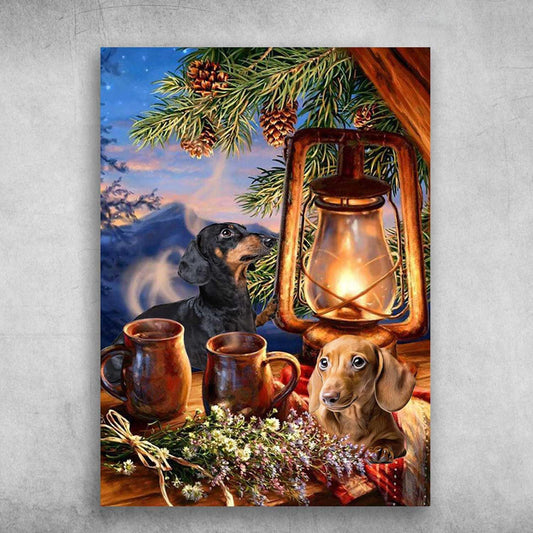 Dachshund Portrait Canvas - Dachshund Kerosene Lamp Flowers Pine Tree Sunset Portrait Canvas - Gift For Dog Lovers, Friends, Family, Dachshund Lovers - Amzanimalsgift