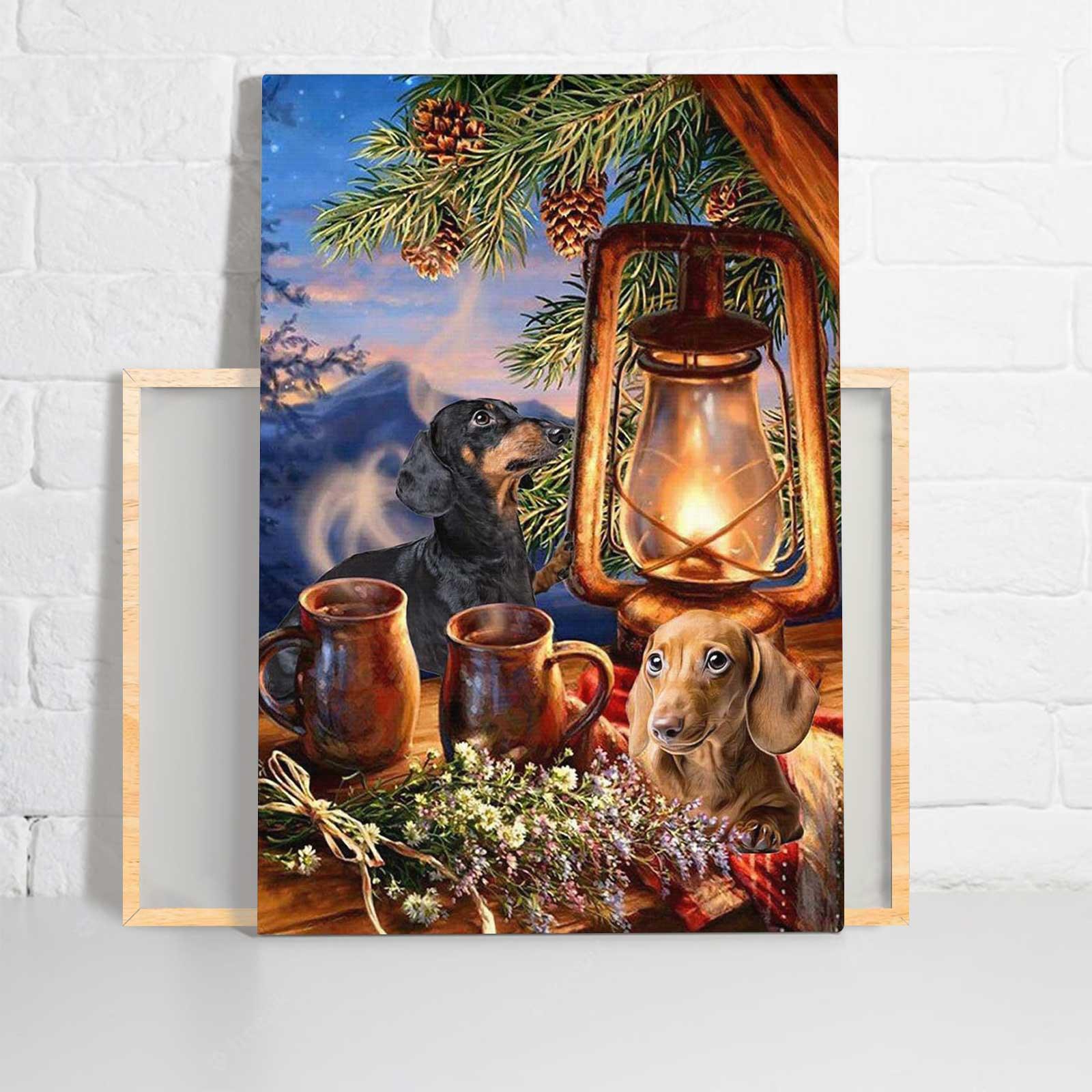 Dachshund Portrait Canvas - Dachshund Kerosene Lamp Flowers Pine Tree Sunset Portrait Canvas - Gift For Dog Lovers, Friends, Family, Dachshund Lovers - Amzanimalsgift