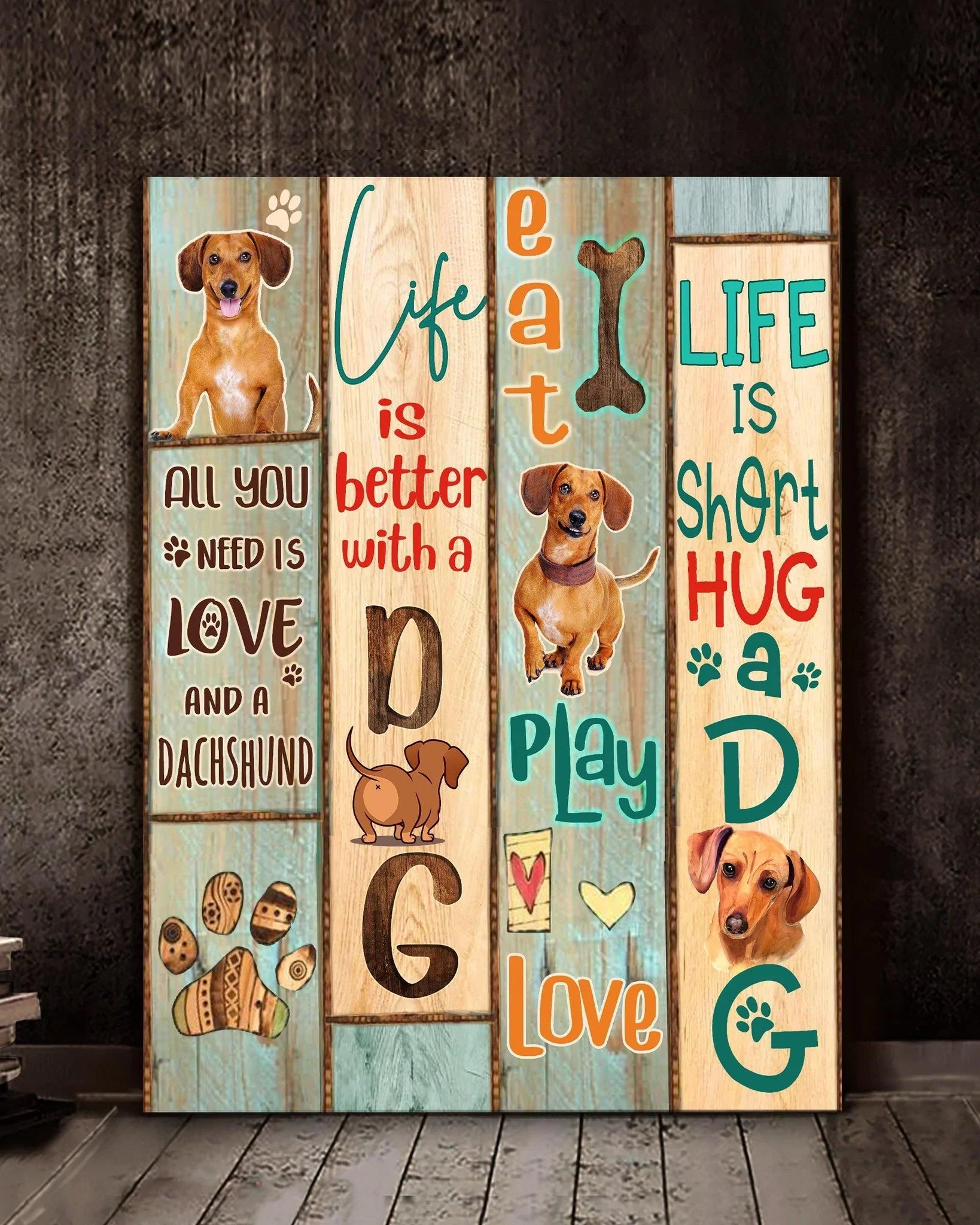 Dachshund Portrait Canvas - Life Is Short Hug A Dog, Dachshund Eat Play Love - Perfect Gift For Family, Dachshund Lovers, Owners, Dog Lovers - Amzanimalsgift