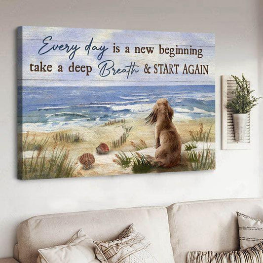 Dachshund Premium Wrapped Landscape Canvas - Dachshund Dog, Sand Beach, Ocean Wave, Every Day Is A New Beginning - Perfect Gift For Dachshund Lovers - Amzanimalsgift