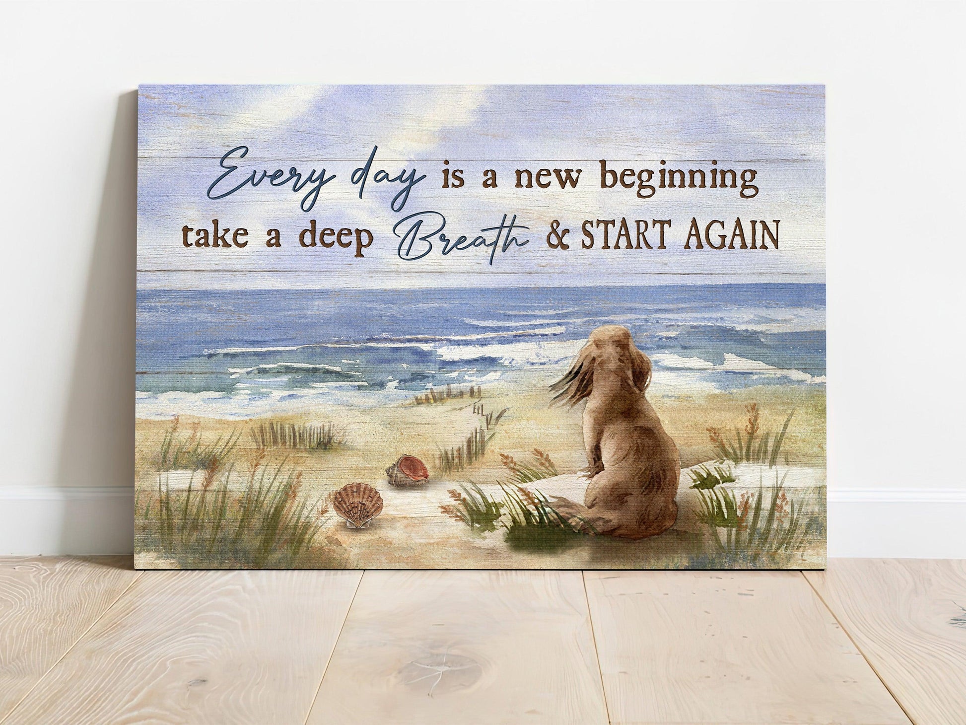 Dachshund Premium Wrapped Landscape Canvas - Dachshund Dog, Sand Beach, Ocean Wave, Every Day Is A New Beginning - Perfect Gift For Dachshund Lovers - Amzanimalsgift