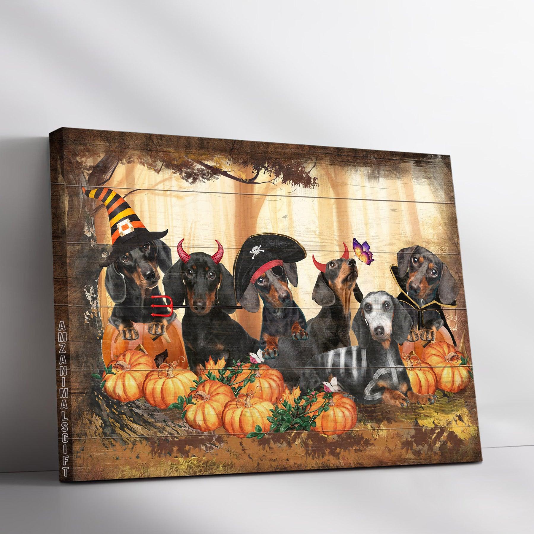 Dachshund Premium Wrapped Landscape Canvas - Dachshunds, Pumpkin, Halloween Costumes - Perfect Gift For Dachshund Lovers, Dog Lovers - Amzanimalsgift