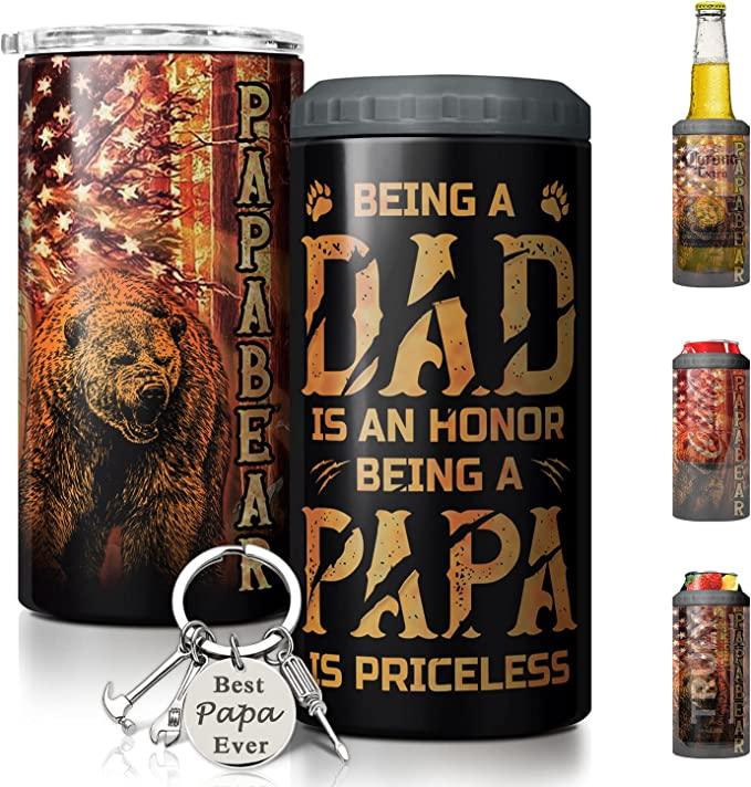Dad US Independence Day Can Cooler Tumbler, Papa Bear Vintage American Flag Cooler Tumbler, Father's Day Gifts for Dad from Daughter Son - Amzanimalsgift