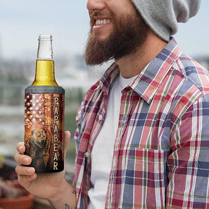 Dad US Independence Day Can Cooler Tumbler, Papa Bear Vintage American Flag Cooler Tumbler, Father's Day Gifts for Dad from Daughter Son - Amzanimalsgift