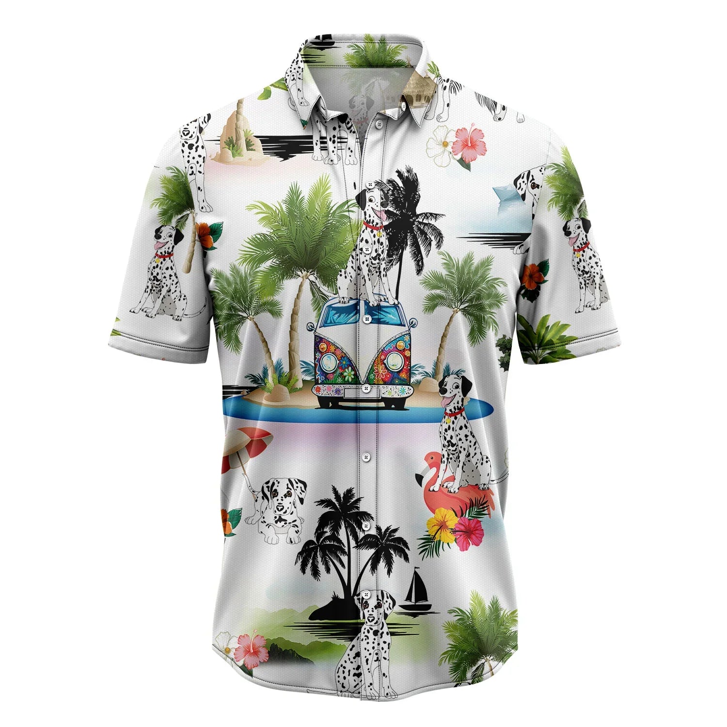 Dalmatian Hawaiian Shirt, Dog Hippie Car Palm Vacation Aloha Shirt For Men Women - Perfect Gift For Dog Lovers, Husband, Boyfriend, Friend, Wife - Amzanimalsgift