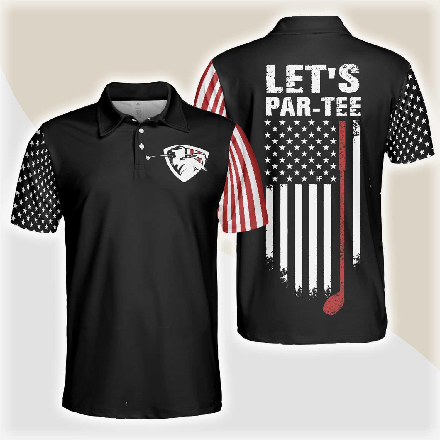 Dark Theme American Flag Men Polo Shirt, Let's Par Tee Short Sleeve Golf Polo Shirt, Patriotic Golf Shirt For Men - Amzanimalsgift