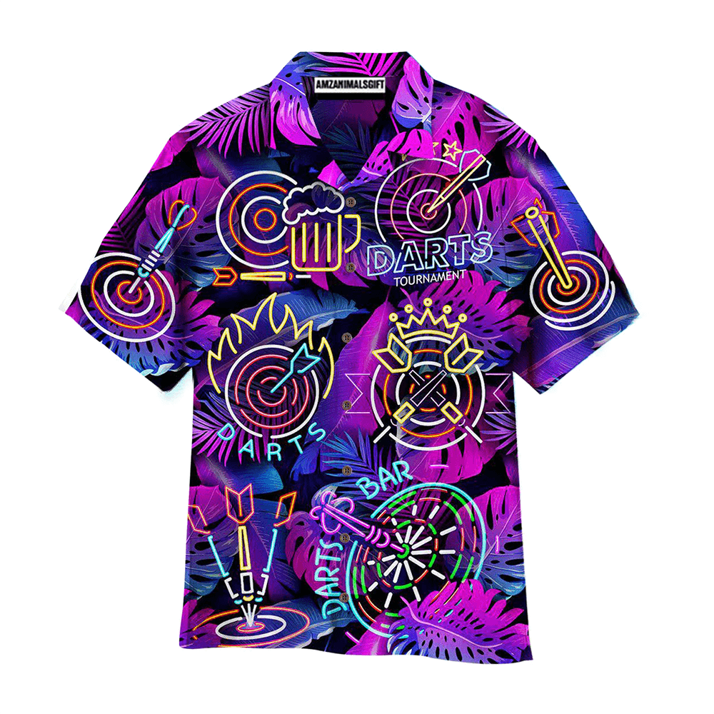 Darts Aloha Hawaiian Shirts For Summer, Dartboard Neon Tropical Palm Leaves Pattern Purple Hawaiian Shirt For Men Women, Gift For Friend, Darts Lovers - Amzanimalsgift