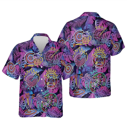 Darts Aloha Hawaiian Shirts For Summer, Dartboard Neon Tropical Palm Leaves Pattern Purple Hawaiian Shirt For Men Women, Gift For Friend, Darts Lovers - Amzanimalsgift