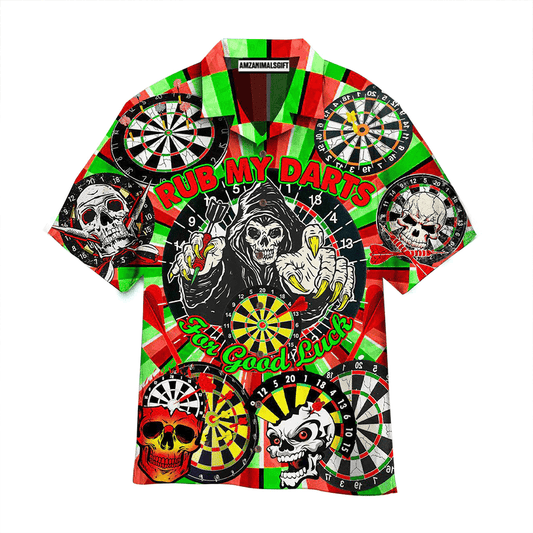 Darts Aloha Hawaiian Shirts For Summer, Skull Dartboard Hawaiian Shirt For Men Women, Gift For Friend, Darts Lovers - Rub My Darts For Good Luck - Amzanimalsgift