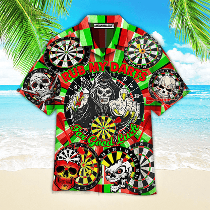 Darts Aloha Hawaiian Shirts For Summer, Skull Dartboard Hawaiian Shirt For Men Women, Gift For Friend, Darts Lovers - Rub My Darts For Good Luck - Amzanimalsgift