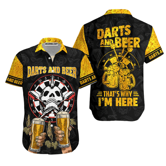 Darts And Beer Aloha Hawaiian Shirts For Summer, Skull Barley Black And Yellow Hawaiian Shirt For Men Women, Gift For Darts Lover - That Why I Am Here - Amzanimalsgift