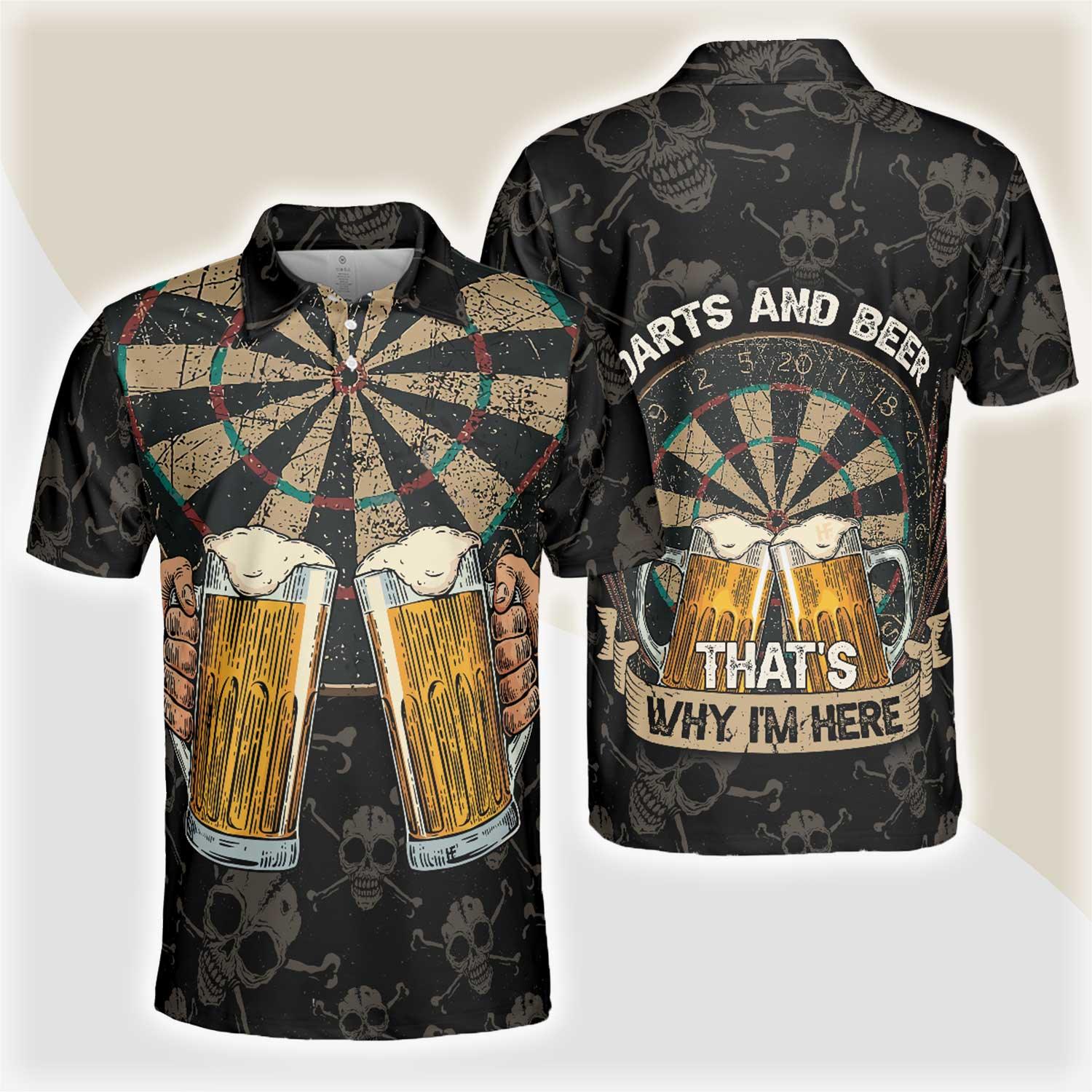 Darts And Beer That's Why I'm Here Short Sleeve Polo Shirt, Skull Darts Print Shirt For Men, Best Gift For Dart Lover - Amzanimalsgift
