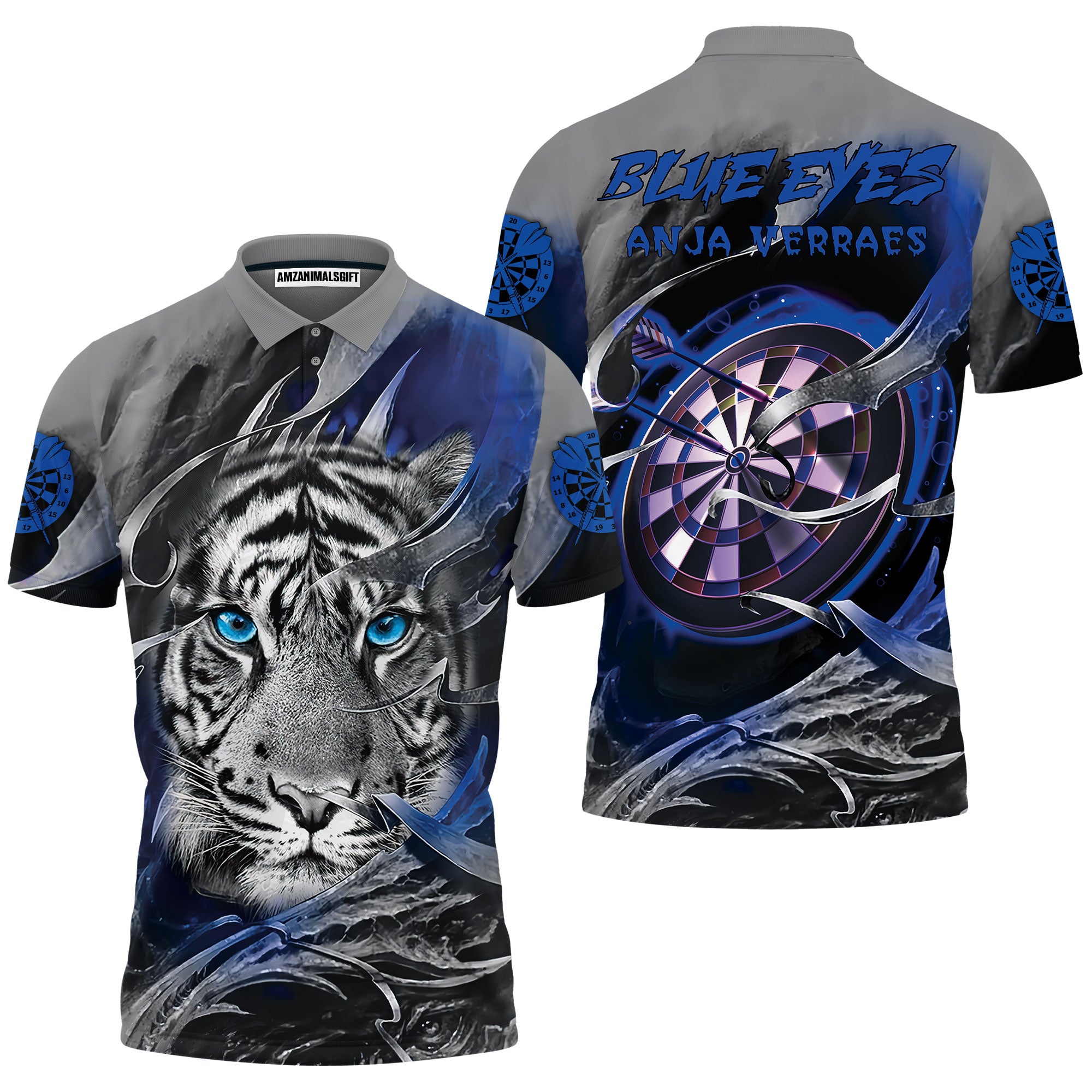 Darts Blue Eyes Anja Verraes Men Polo Shirt, Blue Bullseye Dartboard Tiger Polo Shirts For Men, Outfit For Darts Lover, Team