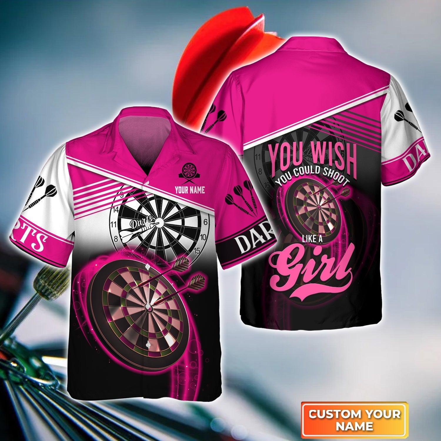 Darts Custom Name Aloha Hawaiian Shirt For Summer, Pink Dart Board Personalized Hawaiian Shirt For Team Players, You Wish You Could Shoot Like A Girl - Amzanimalsgift
