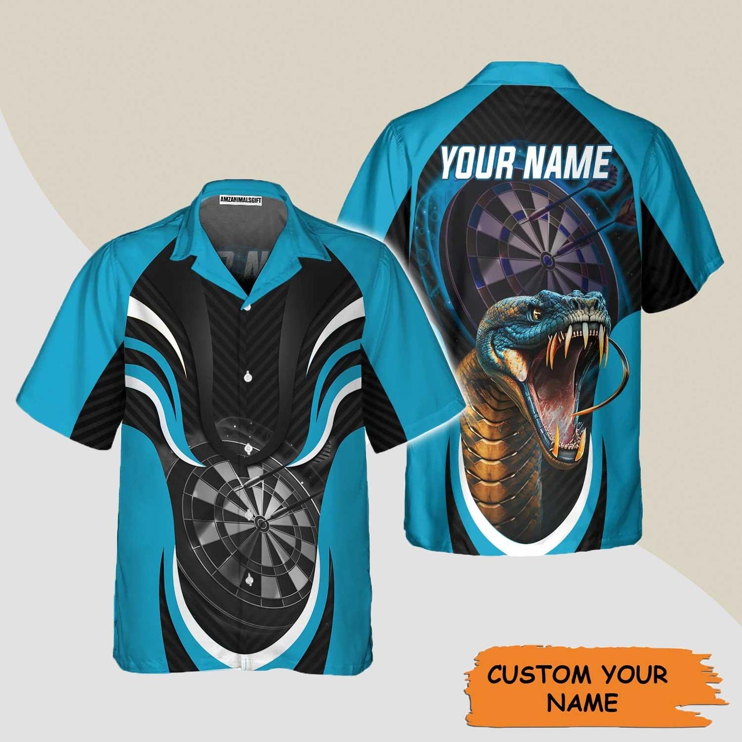Darts Custom Name Aloha Hawaiian Shirts For Summer, Blue Bullseye Dartboard Personalized Name King Cobra And Darts Hawaiian Shirt For Men Women, Team - Amzanimalsgift