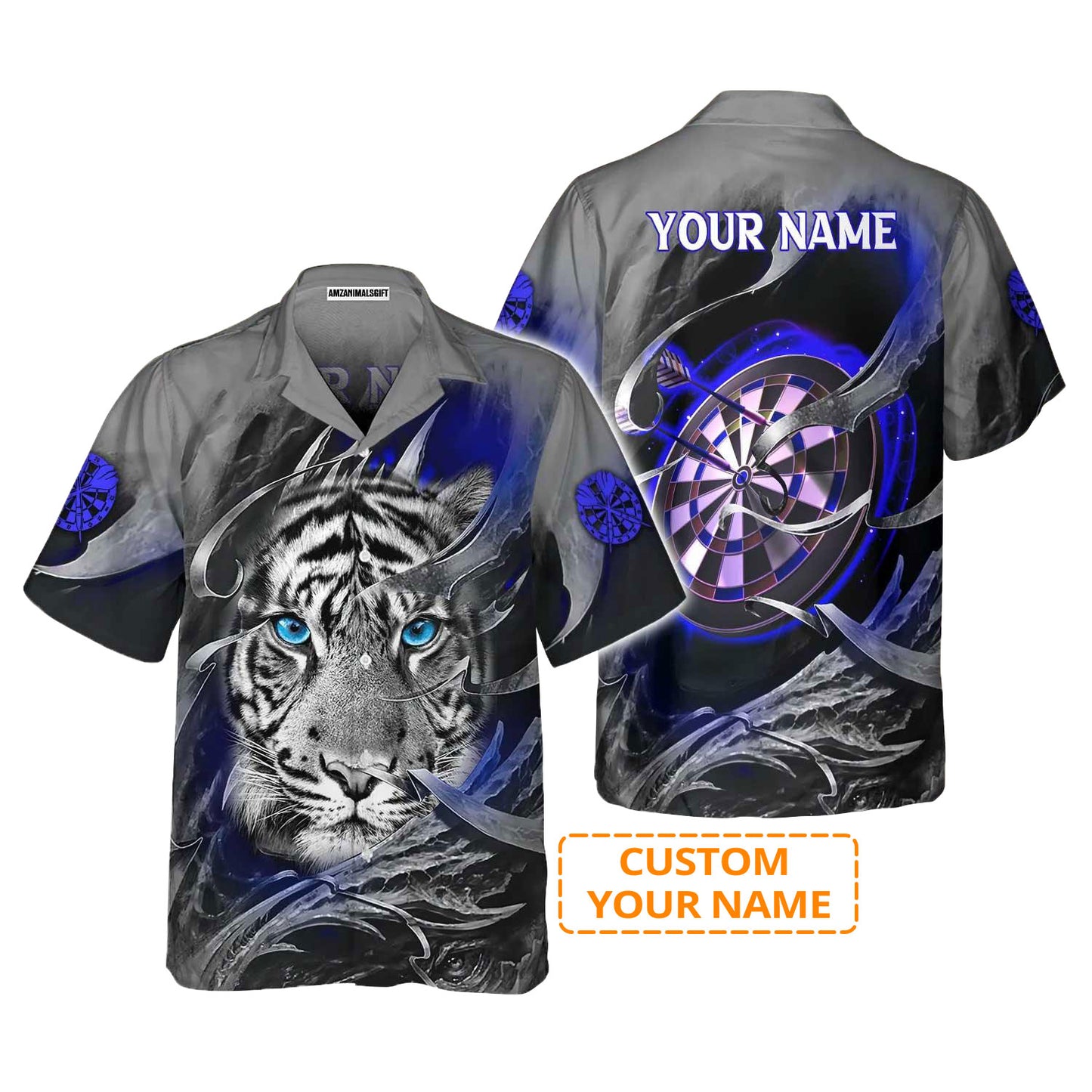 Darts Custom Name Aloha Hawaiian Shirts For Summer, Blue Bullseye Dartboard Personalized Name Tiger And Darts Hawaiian Shirt For Men Women, Dart Team