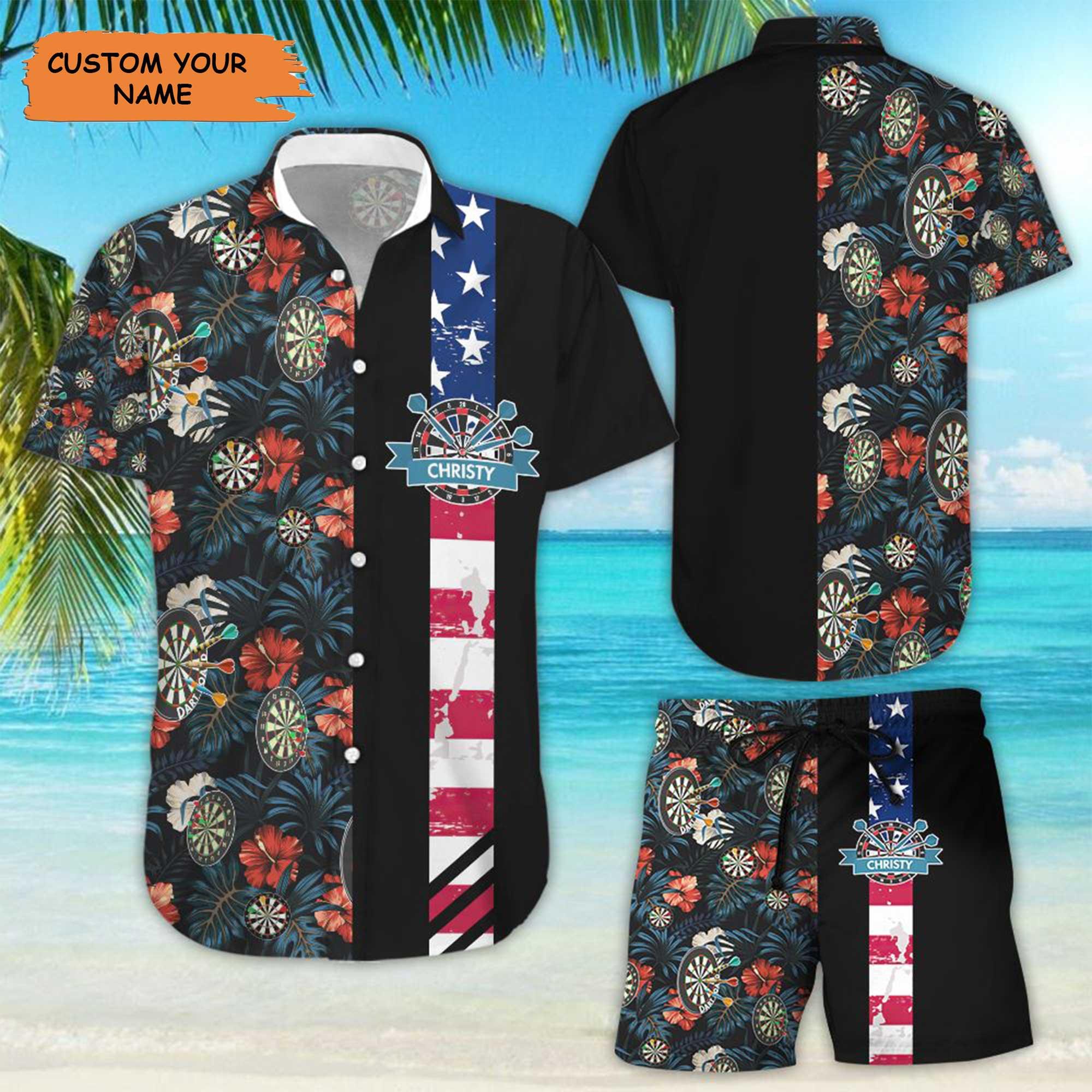 Darts Custom Name Aloha Hawaiian Shirts For Summer, Personalized Darts American Flag Tropical Hawaiian Set Clothing For Men Women, 4th Of July Apparel - Amzanimalsgift