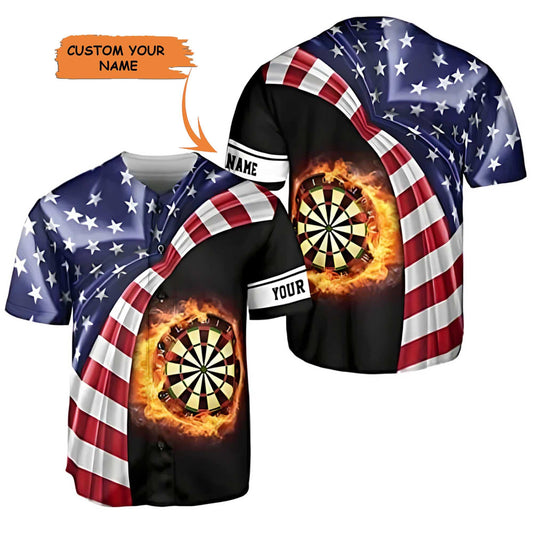 Darts Custom Name Baseball Jersey, Personalized Dartboard Fire USA Flag Baseball Jersey For Men Women, 4th Of July Apparel Gift For Darts Lovers - Amzanimalsgift