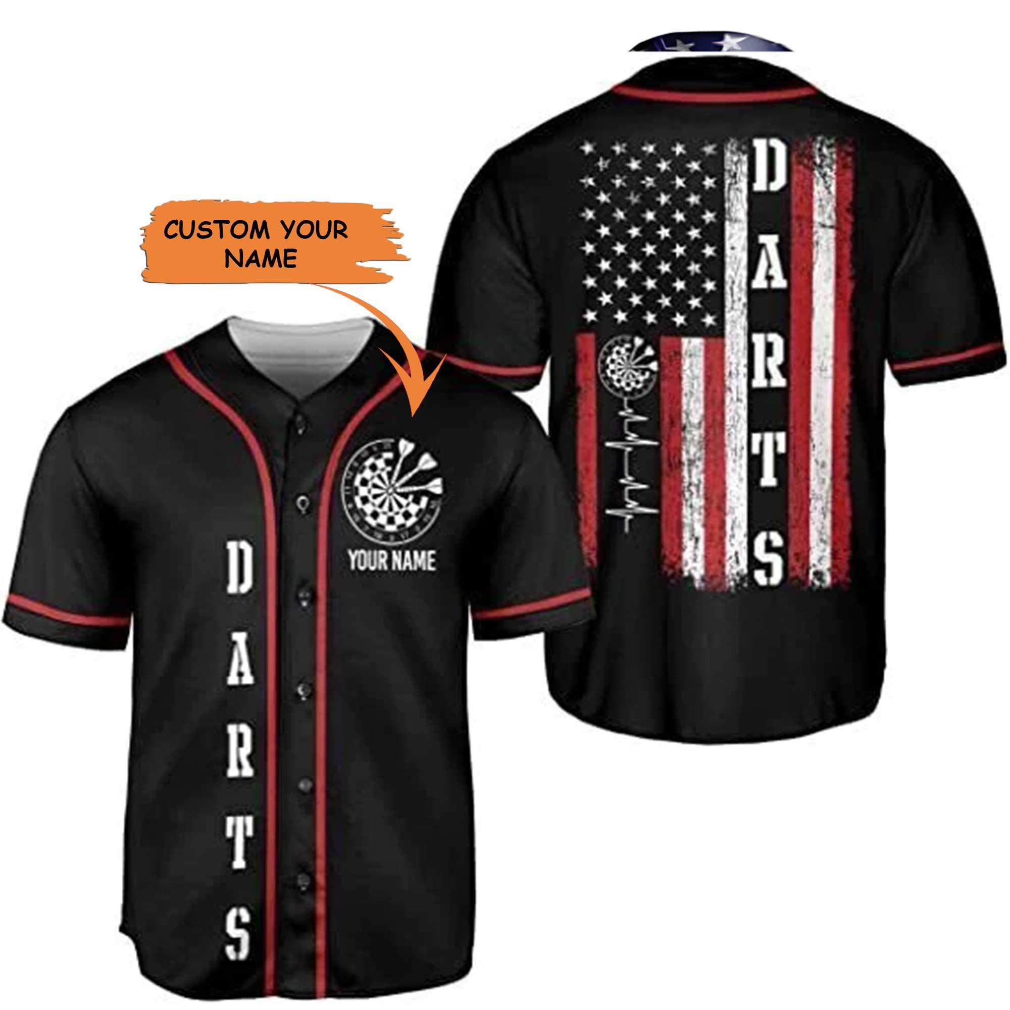 Darts Custom Name Baseball Jersey, Personalized Heartbeat American Flag Baseball Jersey For Men Women, Fourth Of July Apparel Gift For Darts Lovers - Amzanimalsgift