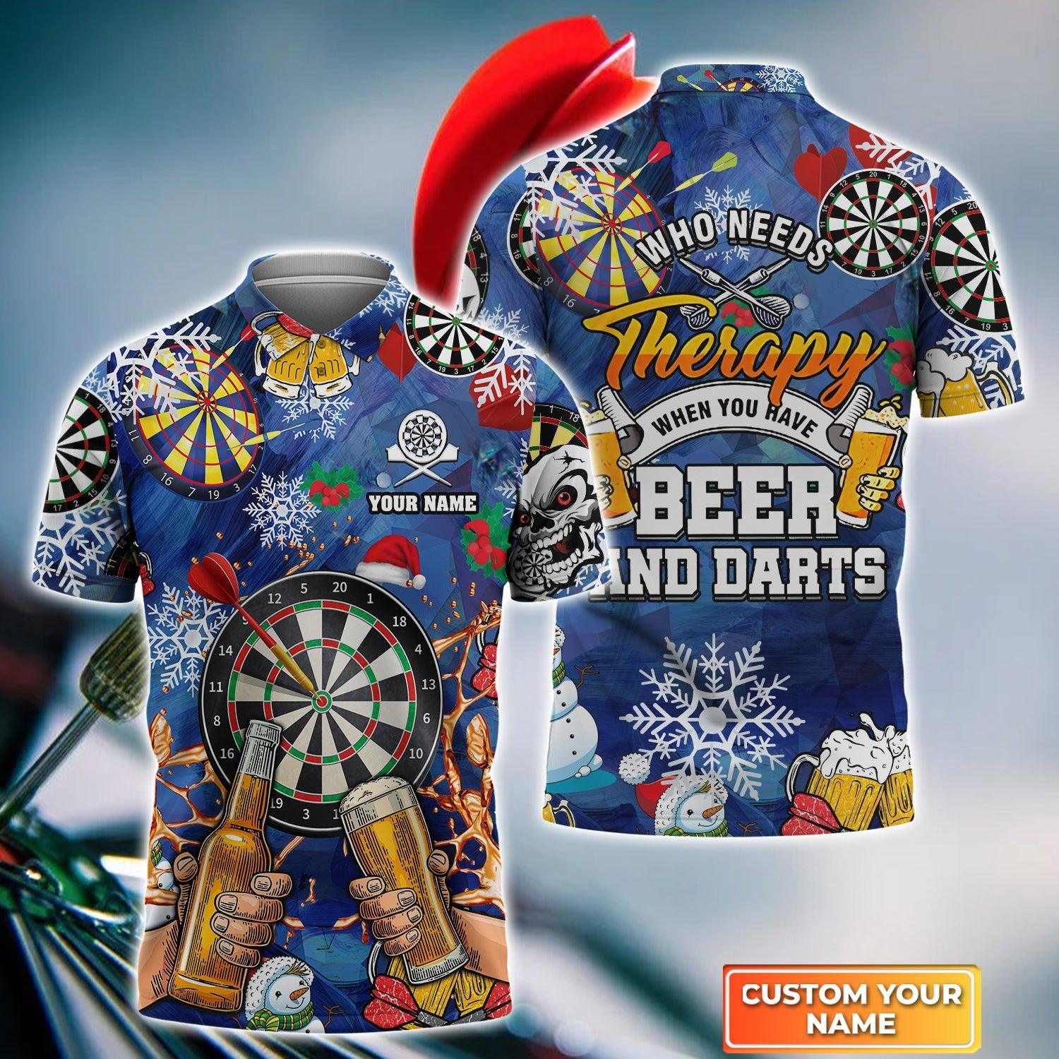 Darts Custom Name Men Polo Shirt, Beer Christmas Personalized Polo Shirt Gift For Darts Lovers, Who Needs Therapy When You Have Beer And Darts - Amzanimalsgift