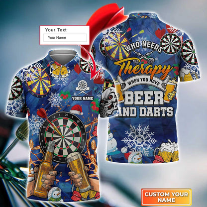 Darts Custom Name Men Polo Shirt, Beer Christmas Personalized Polo Shirt Gift For Darts Lovers, Who Needs Therapy When You Have Beer And Darts - Amzanimalsgift