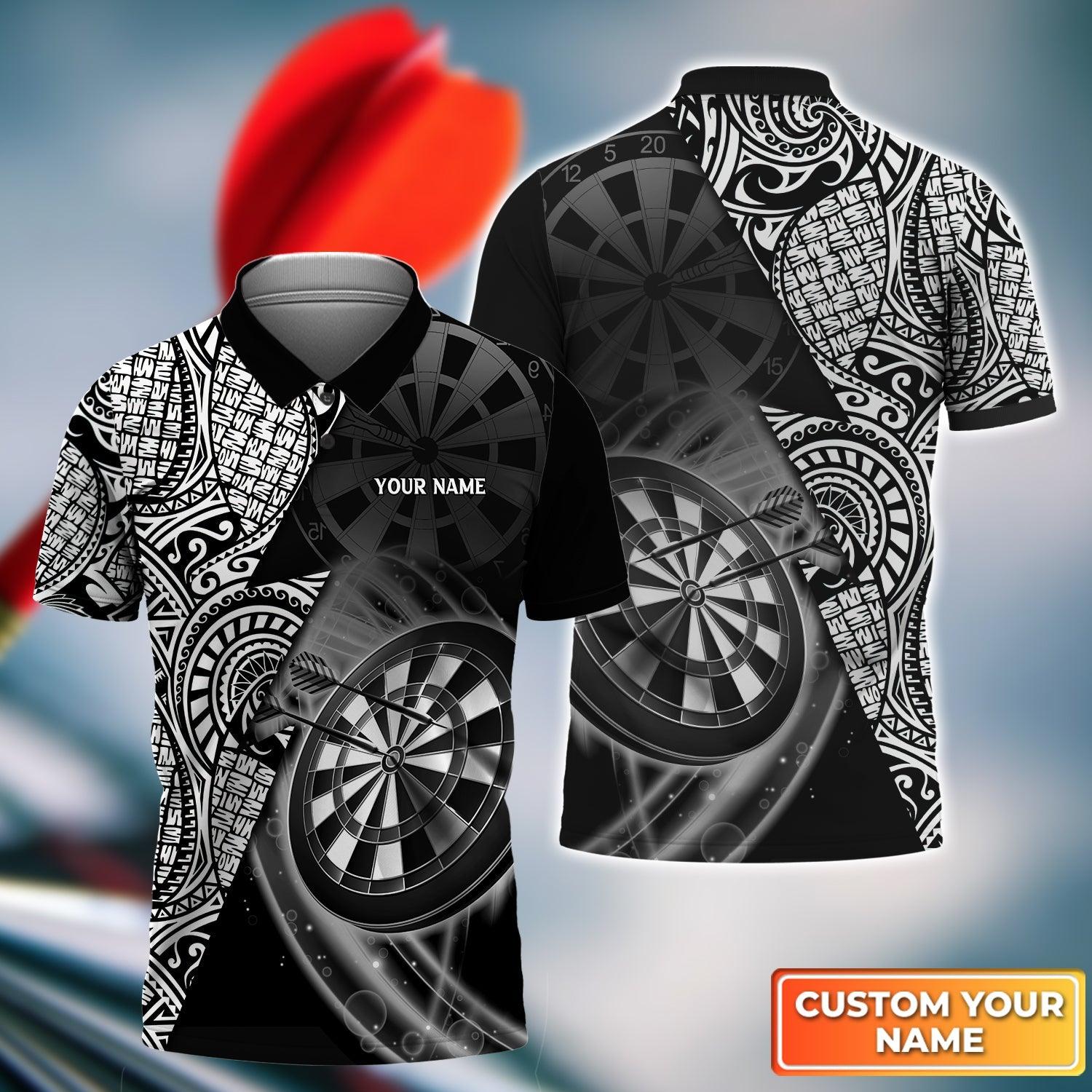 Darts Custom Name Men Polo Shirt, Black & White Tattoo Dartboard Personalized Men Polo Shirt Gift For Darts Lovers, Friends, Team Players - Amzanimalsgift