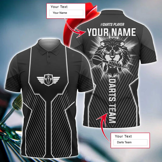 Darts Custom Name Men Polo Shirt, Black Lion Head Personalized Men Polo Shirt Gift For Darts Lovers, Friend, Darts Team Player - Amzanimalsgift