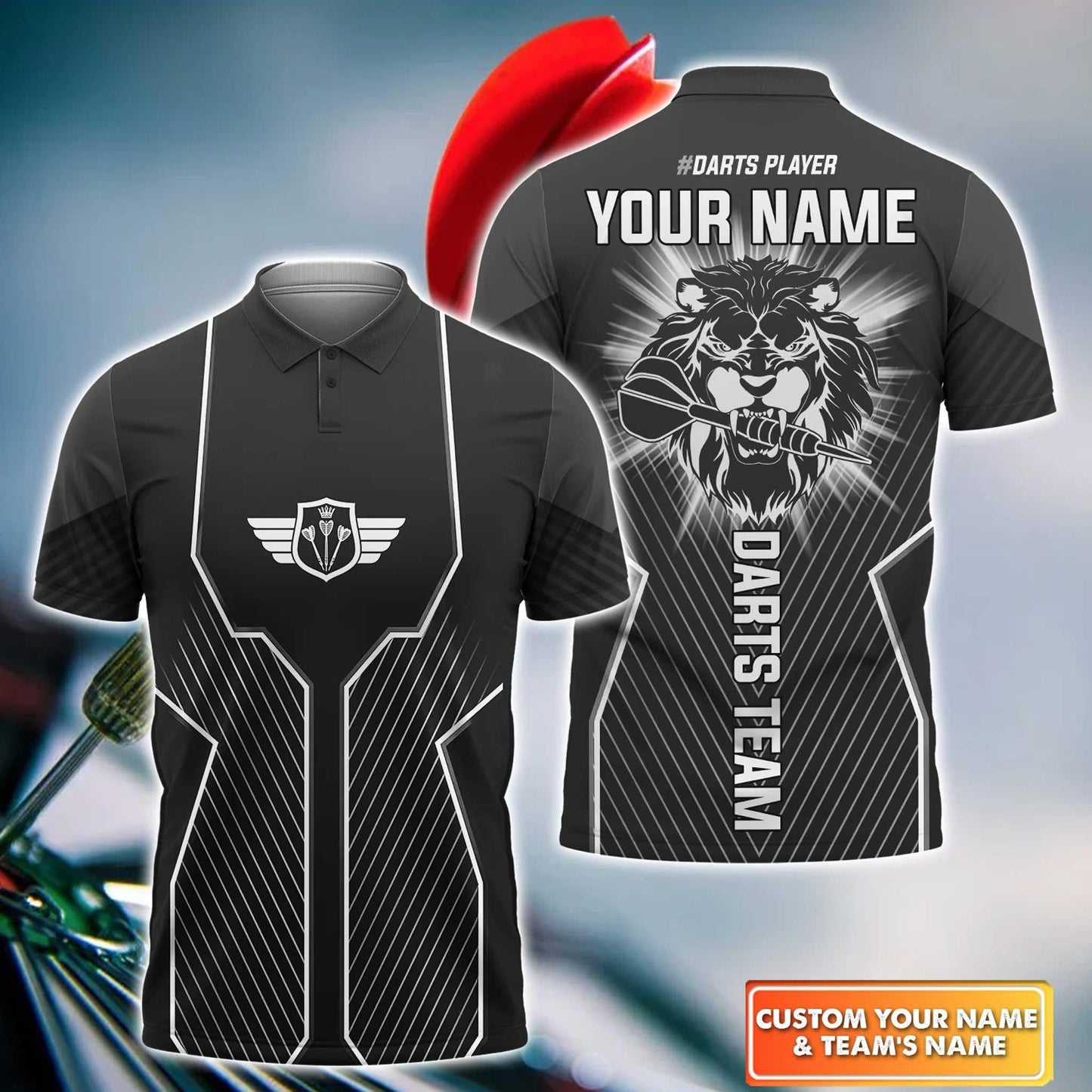 Darts Custom Name Men Polo Shirt, Black Lion Head Personalized Men Polo Shirt Gift For Darts Lovers, Friend, Darts Team Player - Amzanimalsgift