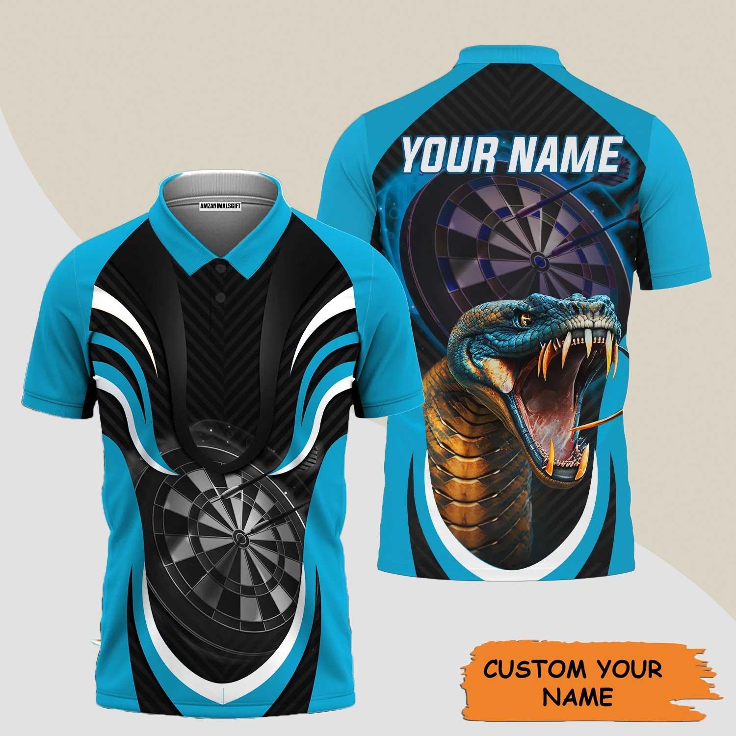 Darts Custom Name Men Polo Shirt, Blue Bullseye Dartboard Personalized Name King Cobra And Darts Polo Shirts For Men, Gift For Darts Lover, Darts Team - Amzanimalsgift