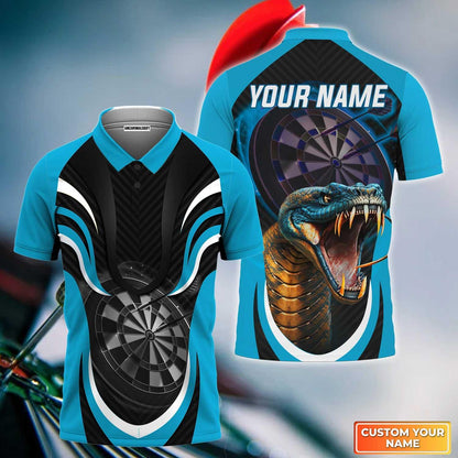 Darts Custom Name Men Polo Shirt, Blue Bullseye Dartboard Personalized Name King Cobra And Darts Polo Shirts For Men, Gift For Darts Lover, Darts Team - Amzanimalsgift