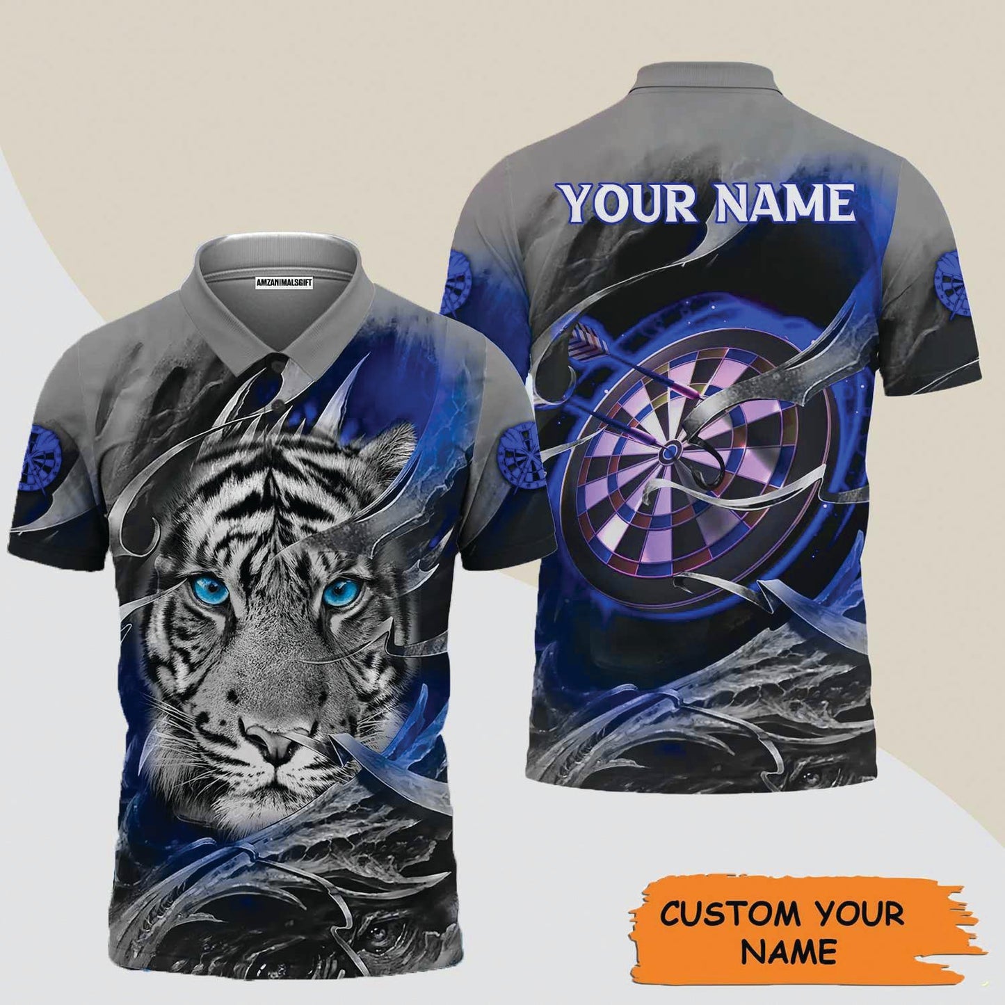 Darts Custom Name Men's Long Sleeve Polo Shirt, Blue Bullseye Dartboard Personalized Name Tiger And Darts Long Sleeve Polo Shirt