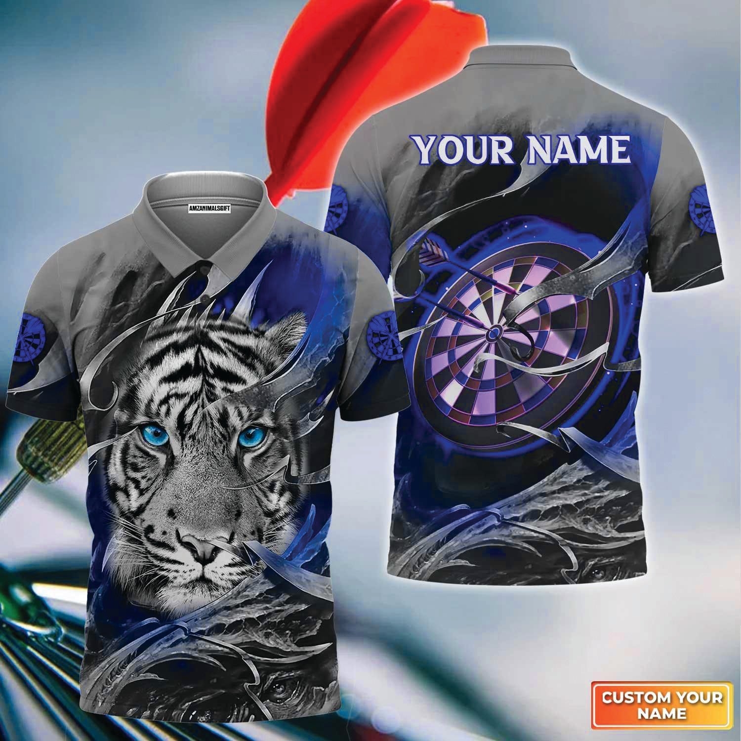 Darts Custom Name Men Polo Shirt, Blue Bullseye Dartboard Personalized Name Tiger And Darts Polo Shirts For Men, Apparel Gift For Darts Lover, Team