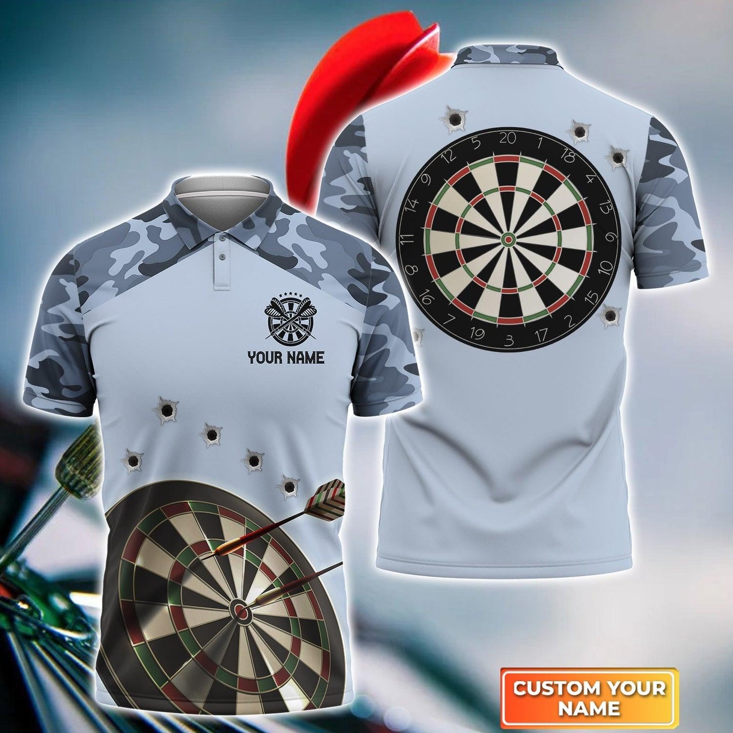Darts Custom Name Men Polo Shirt, Blue Camo Dartboard Personalized Men Polo Shirt Gift For Darts Lovers, Friends, Darts Team Player Tad - Amzanimalsgift