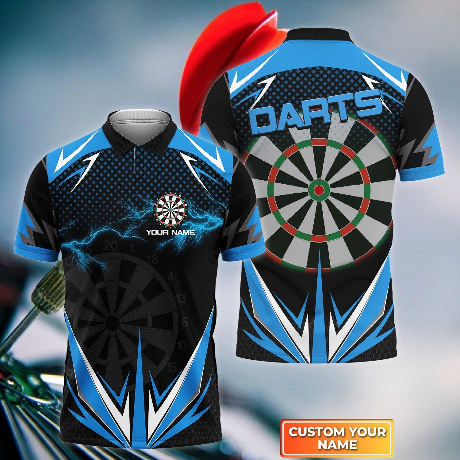 Darts Custom Name Men Polo Shirt, Blue Darts Lightning Dartboard Personalized Men Polo Shirt Gift For Darts Lover, Friend, Team, Darts Player - Amzanimalsgift