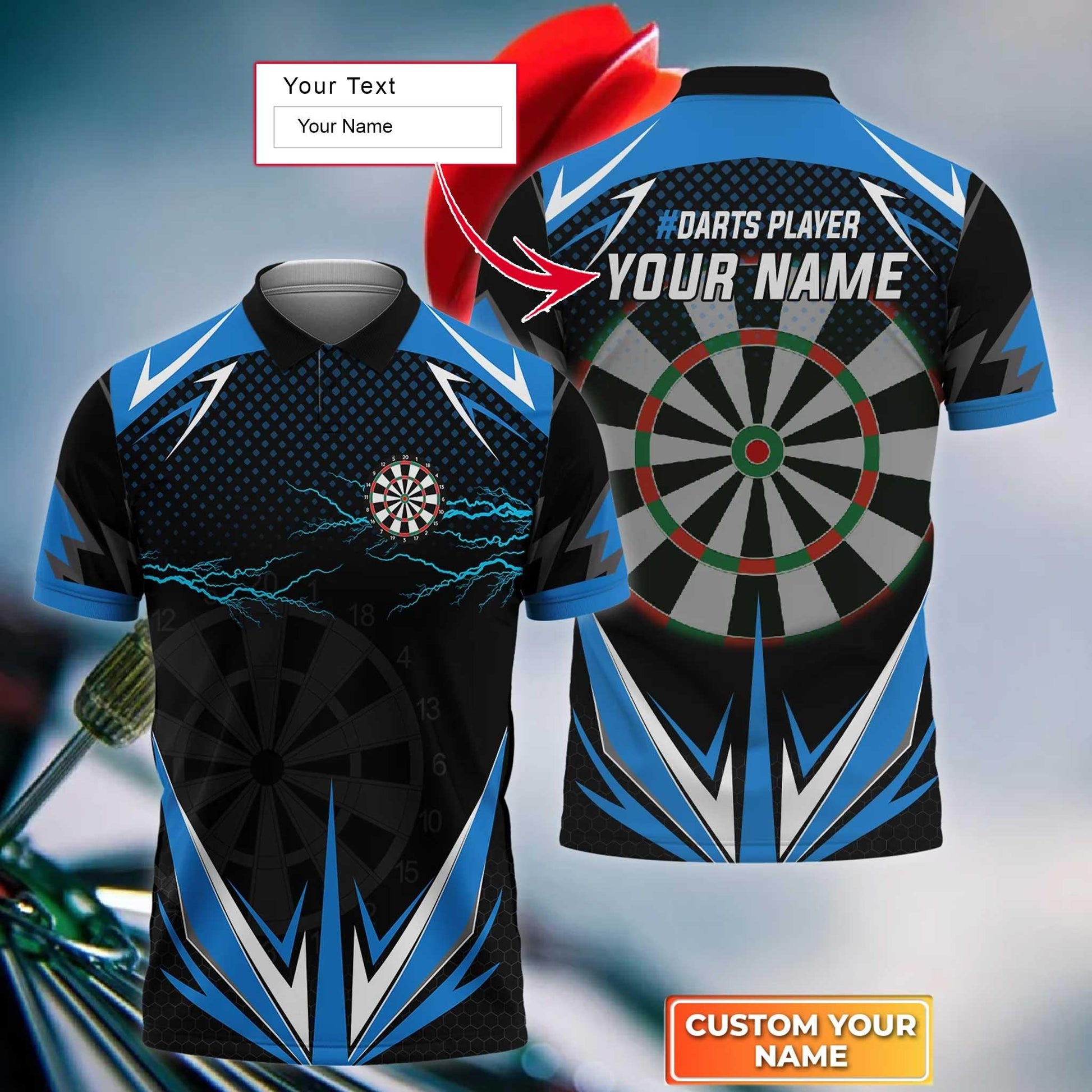 Darts Custom Name Men Polo Shirt, Blue Darts Lightning Dartboard Personalized Men Polo Shirt Gift For Darts Lovers, Friend, Darts Team Player - Amzanimalsgift