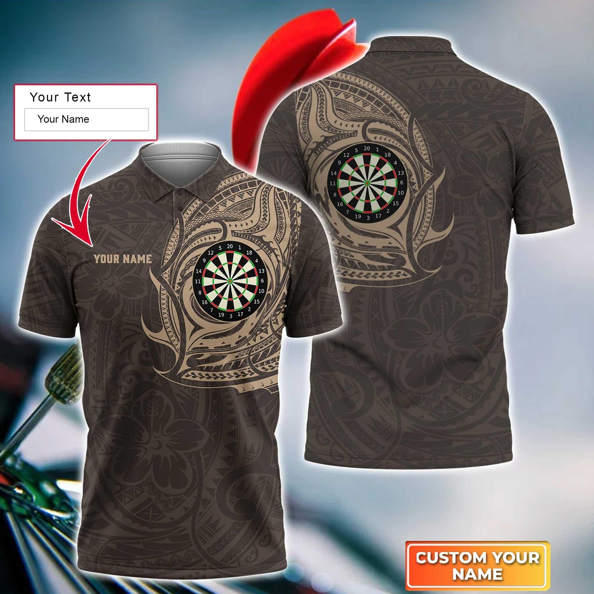 Darts Custom Name Men Polo Shirt, Brown Polynesian Dartboard Personalized Men Polo Shirt Gift For Darts Lovers, Friend, Darts Team Player - Amzanimalsgift