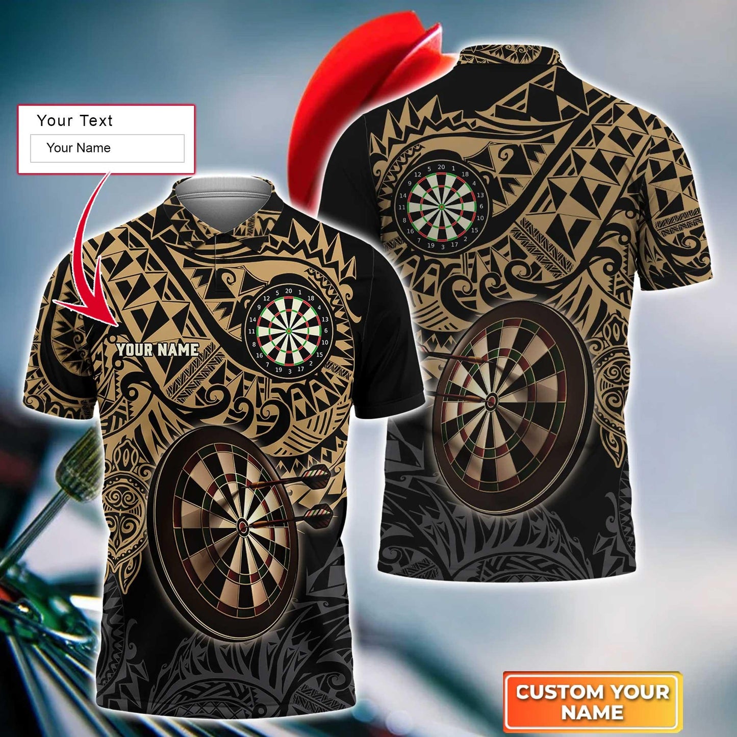 Darts Custom Name Men Polo Shirt, Brown Tattoo Dartboard Personalized Men Polo Shirt Gift For Darts Lovers, Friend, Darts Team Player - Amzanimalsgift