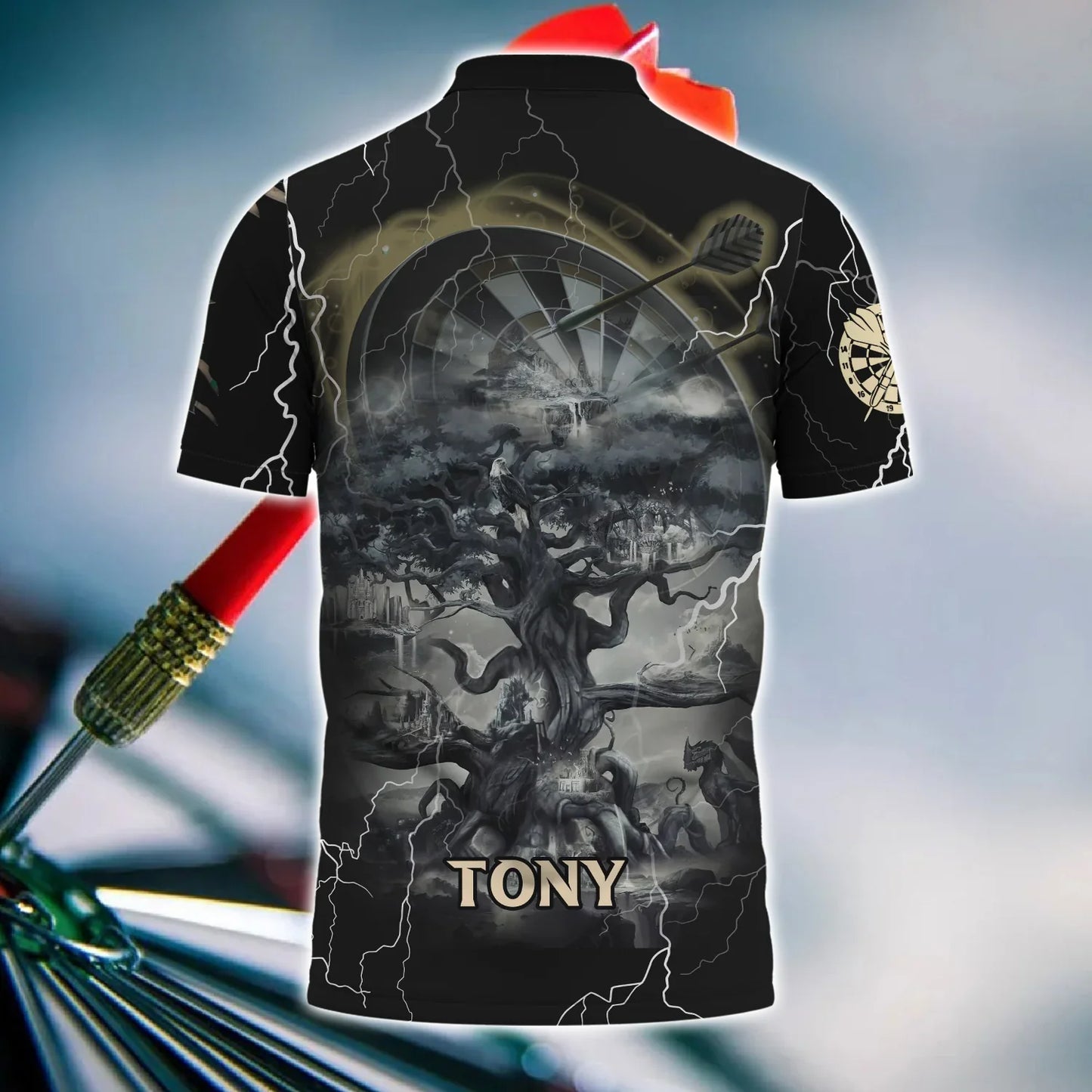 Darts Custom Name Men Polo Shirt, Bullseye Dartboard Thunder Light Personalized Polo Shirts For Men, Apparel Gift For Darts Lover, Darts Team Player - Amzanimalsgift