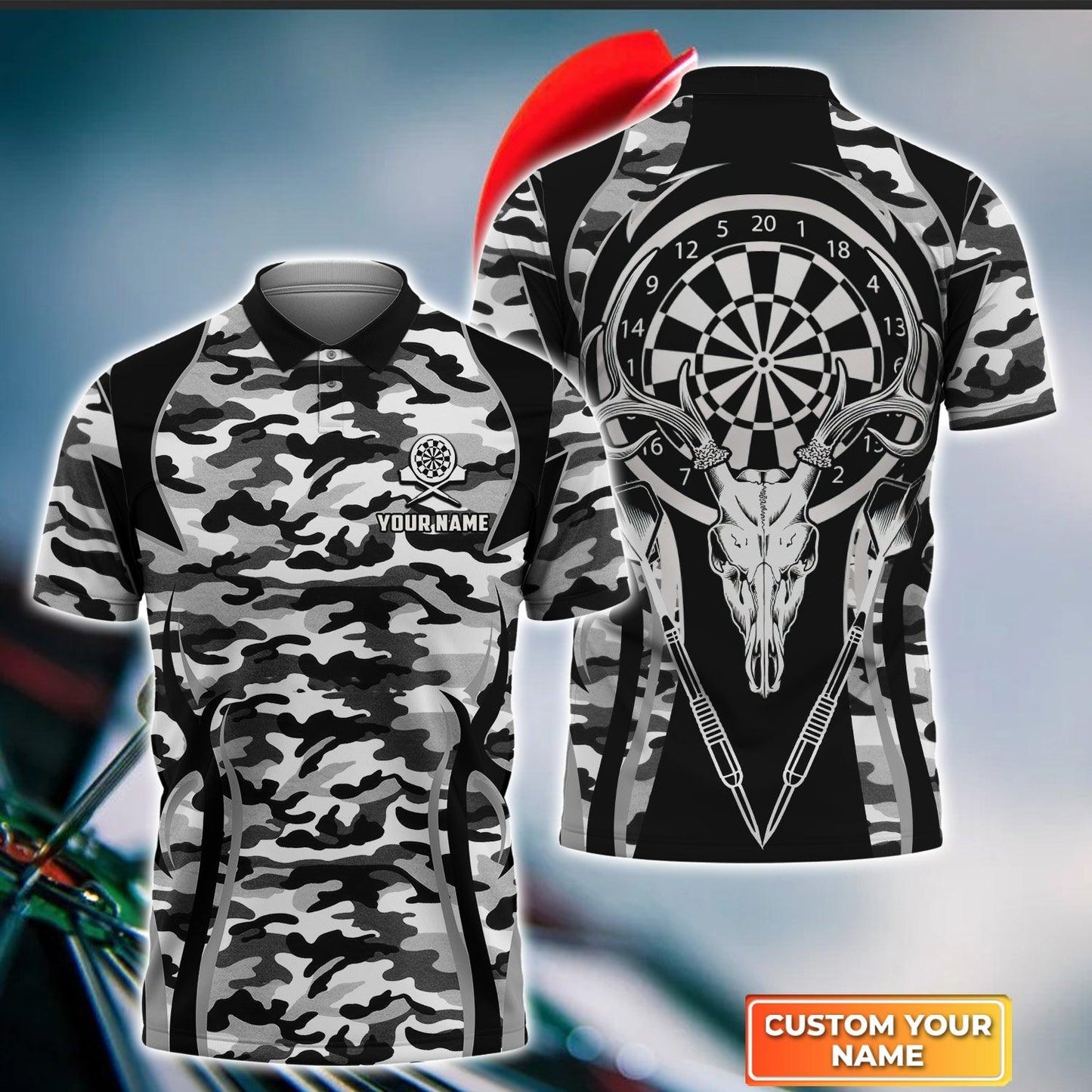 Darts Custom Name Men Polo Shirt, Camo Darts And Deer Personalized Men Polo Shirt Gift For Darts Lovers, Friend, Team, Darts Player - Amzanimalsgift