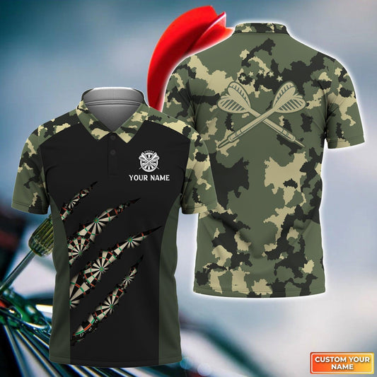 Darts Custom Name Men Polo Shirt, Camo Pattern Dartboard Personalized Men Polo Shirt Gift For Darts Lovers, Darts Team Player Tad, Friends - Amzanimalsgift