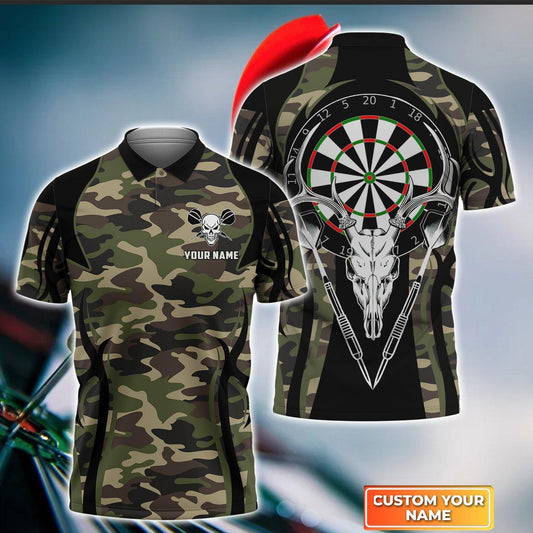 Darts Custom Name Men Polo Shirt, Camo Skull Deer Dartboard Personalized Men Polo Shirt Gift For Darts Lovers, Friend, Darts Team Player - Amzanimalsgift