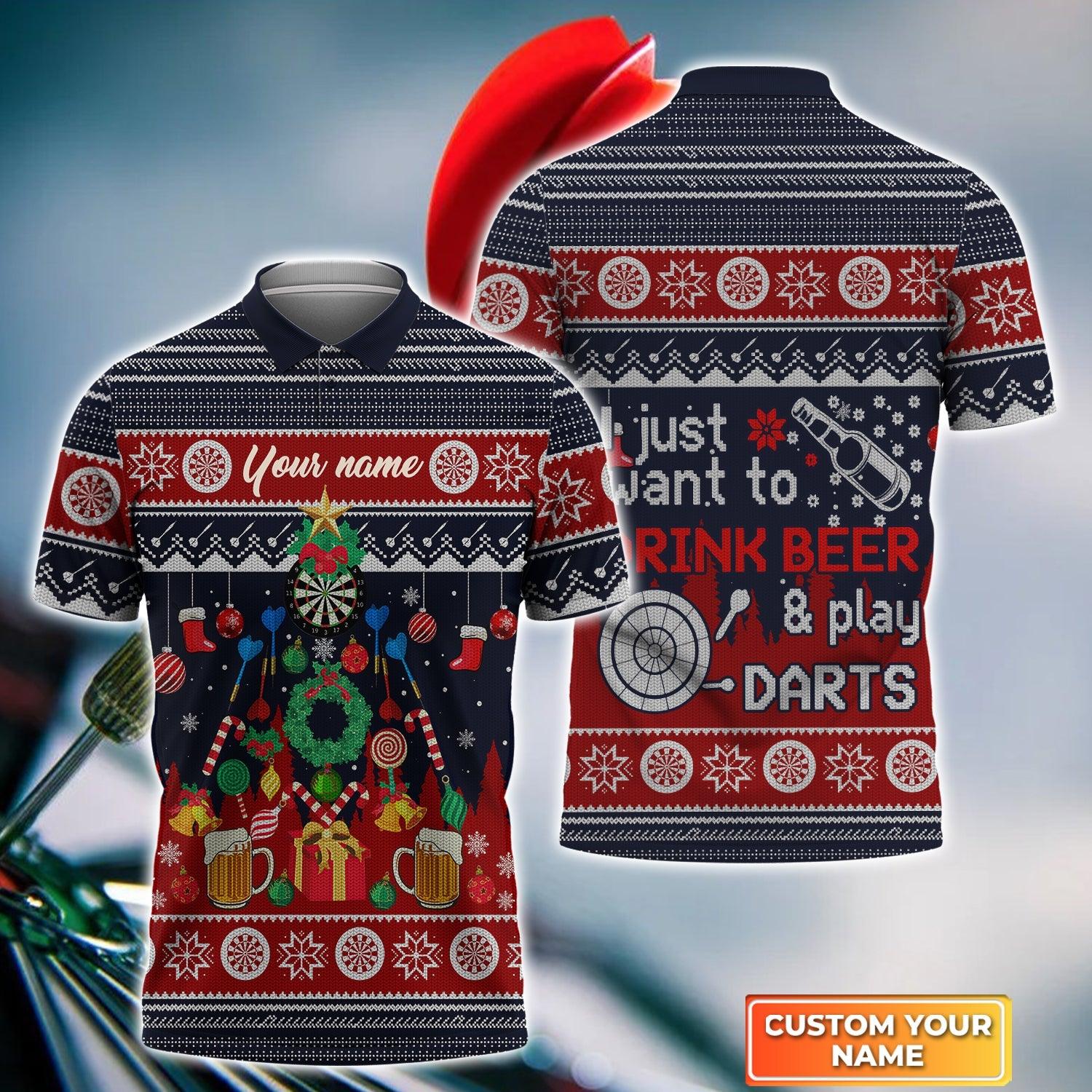 Darts Custom Name Men Polo Shirt, Christmas Gift Personalized Men Polo Shirt Gift For Darts Lovers, I Just Want To Drink Beer And Play Darts - Amzanimalsgift