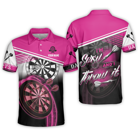 Darts Custom Name Men Polo Shirt, Dartboard Personalized Pink Men Polo Shirt Gift For Darts Lovers, Friend, Team, I'm Sexy And I Throw It