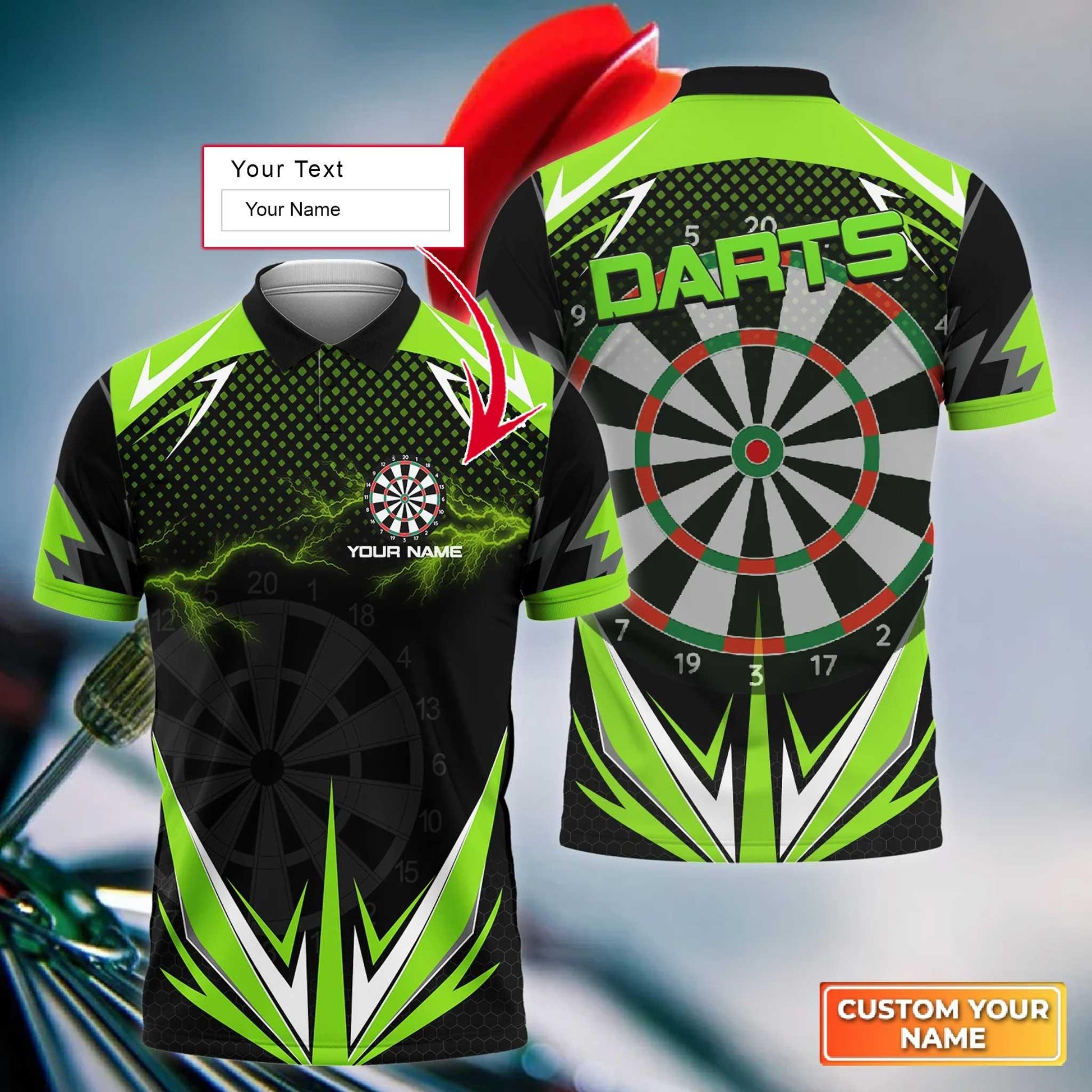 Darts Custom Name Men Polo Shirt, Green Darts Lightning Personalized Men Polo Shirt Gift For Darts Lovers, Friend, Darts Team Player - Amzanimalsgift