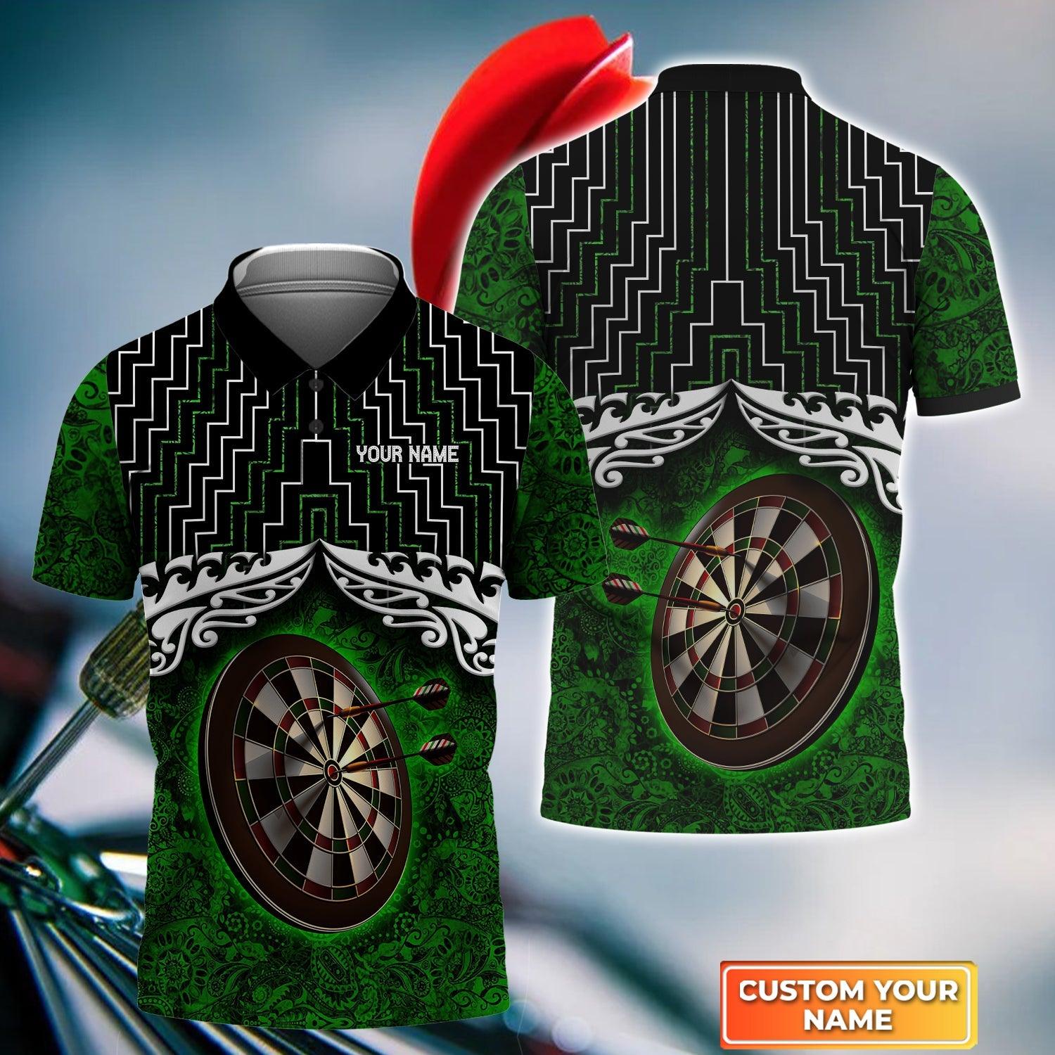Darts Custom Name Men Polo Shirt, Green Tattoo Darts Dartboard Personalized Men Polo Shirt Gift For Darts Lovers, Friend, Darts Team Player - Amzanimalsgift