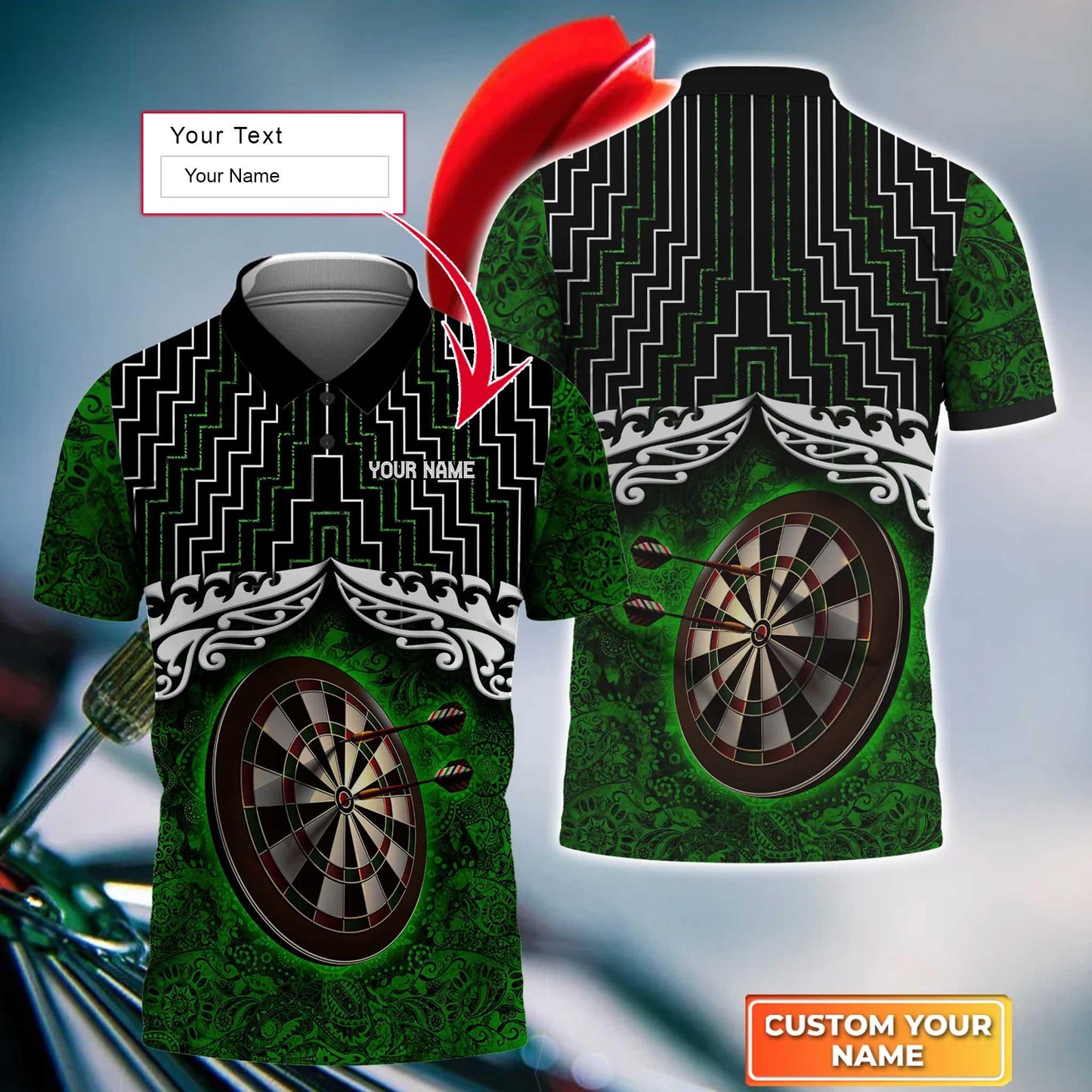 Darts Custom Name Men Polo Shirt, Green Tattoo Darts Dartboard Personalized Men Polo Shirt Gift For Darts Lovers, Friend, Darts Team Player - Amzanimalsgift