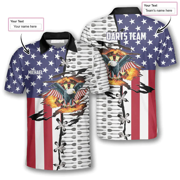 Darts Custom Name Men Polo Shirt, Personalized Dart Arrow Pattern Eagle American Flag Polo Shirts For Men, Fourth of July Apparel For Darts Lovers - Amzanimalsgift