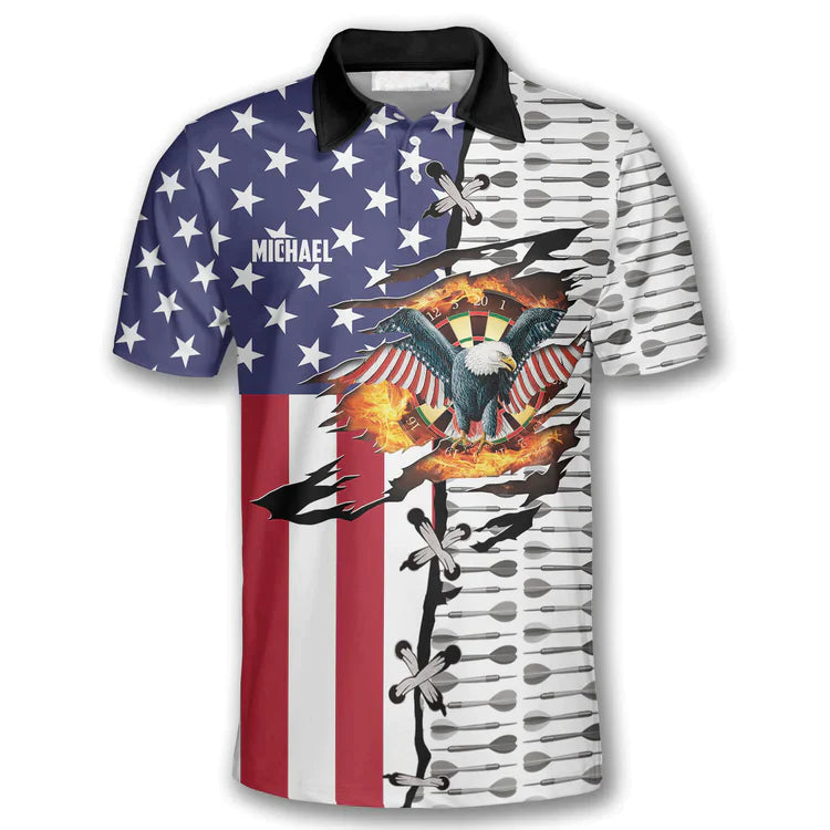 Darts Custom Name Men Polo Shirt, Personalized Dart Arrow Pattern Eagle American Flag Polo Shirts For Men, Fourth of July Apparel For Darts Lovers - Amzanimalsgift